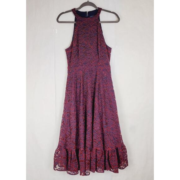 Mod Cloth A Night Like This blue and red lace ruffle hem halter dress Size 8 - Picture 3 of 15
